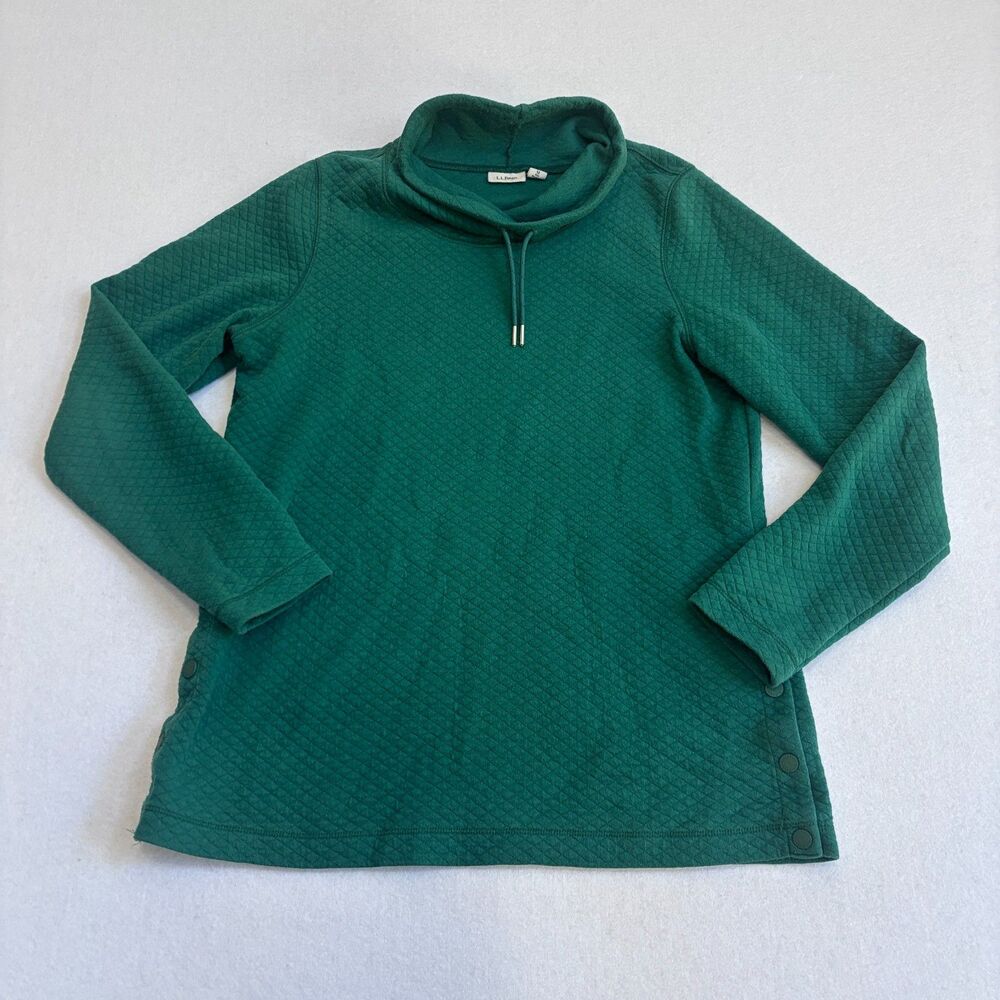 L.L. Bean Quilted Cowl Neck Pullover Womens M Green Snap Hem 513186 Hike Camp
